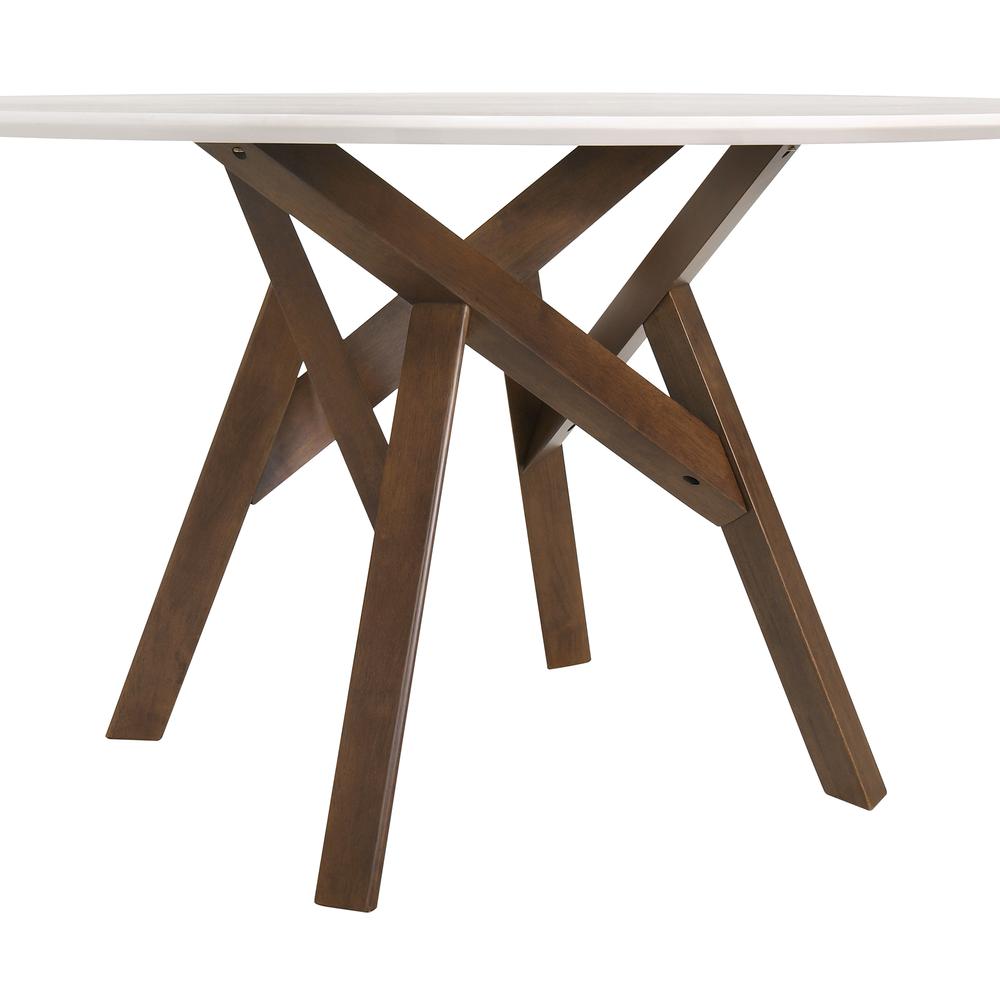 Venus 54" Round Mid-Century Modern White Marble Dining Table with Walnut Wood Legs. Picture 2