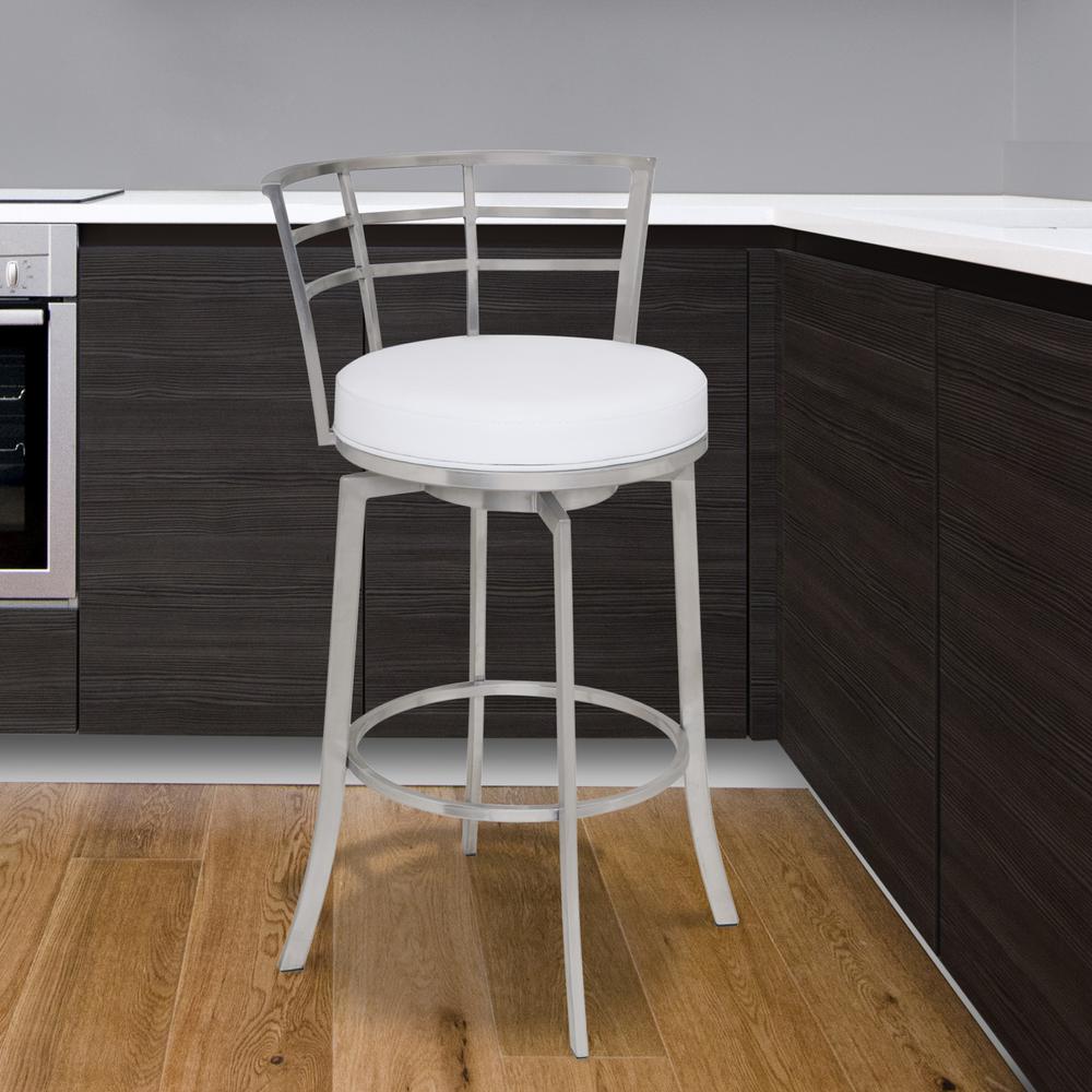 26" Counter Height Swivel Barstool in Brushed Stainless Steel finish with White Faux Leather. Picture 4