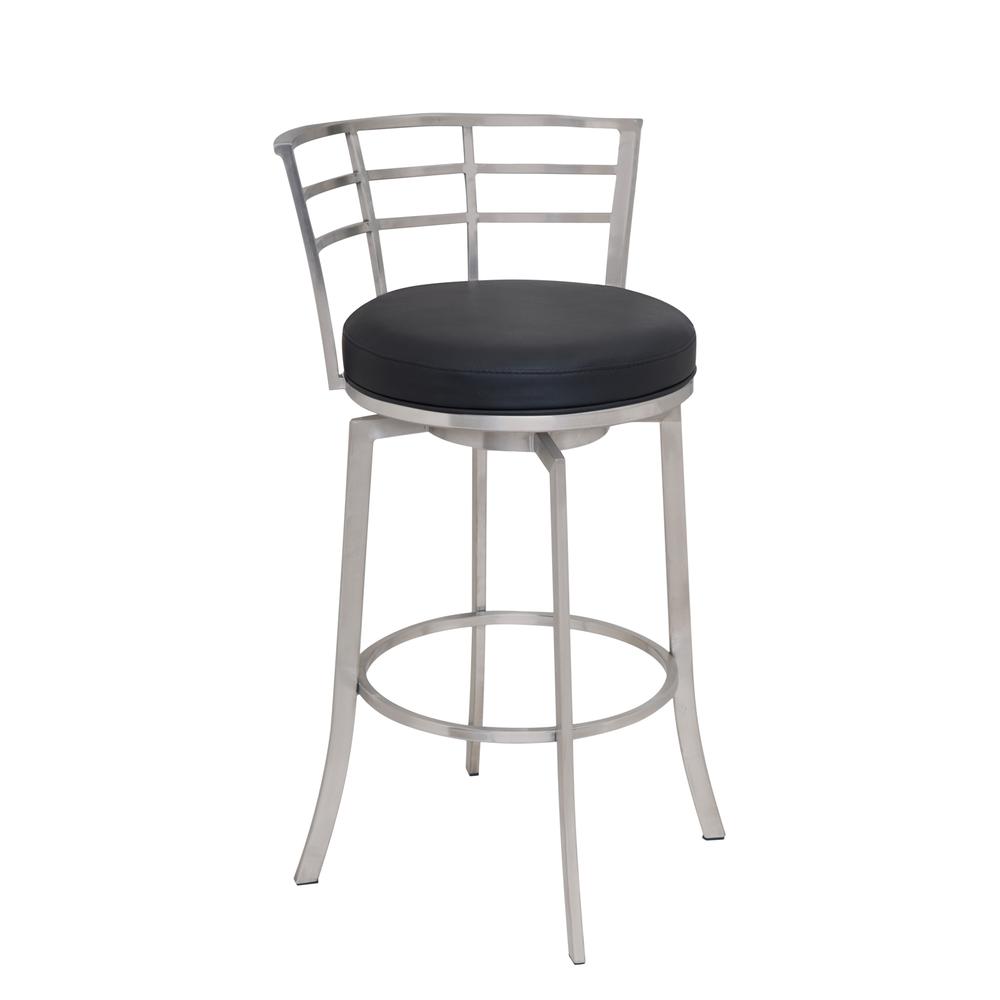 30" Bar Height Swivel Barstool in Brushed Stainless Steel finish with Black Faux Leather. The main picture.