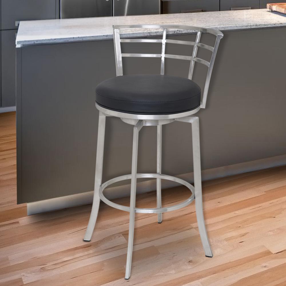 30" Bar Height Swivel Barstool in Brushed Stainless Steel finish with Black Faux Leather. Picture 4