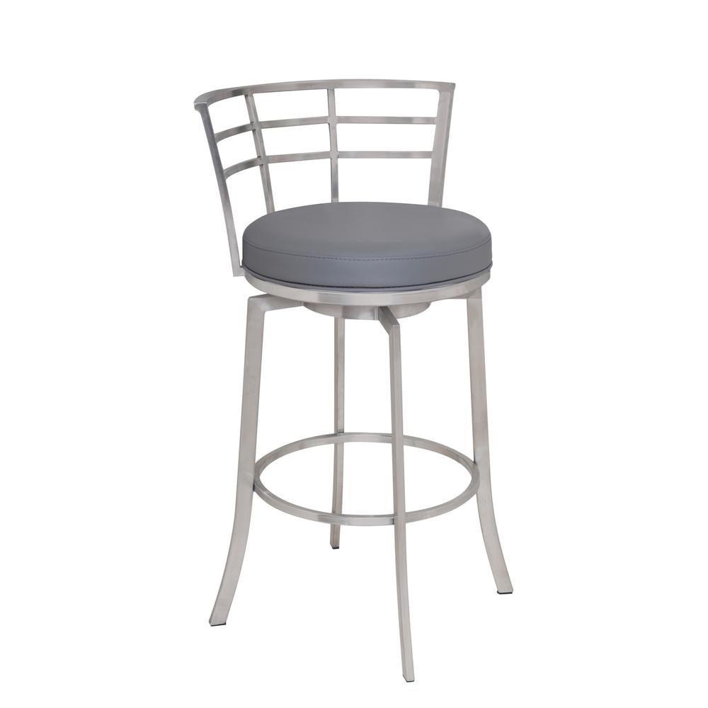 30" Bar Height Swivel Barstool in Brushed Stainless Steel finish with Grey Faux Leather. The main picture.