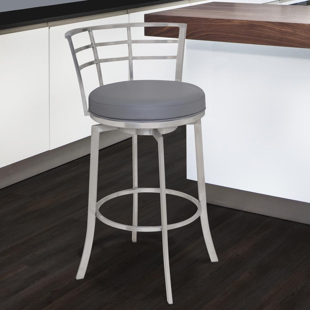 30" Bar Height Swivel Barstool in Brushed Stainless Steel finish with Grey Faux Leather. Picture 4