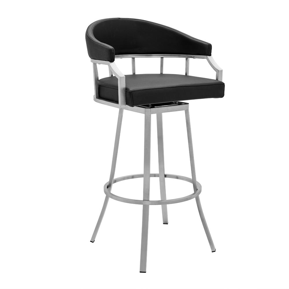 Valerie 30" Bar Height Swivel Modern Black Faux Leather Bar and Counter Stool in Brushed Stainless Steel Finish. Picture 1