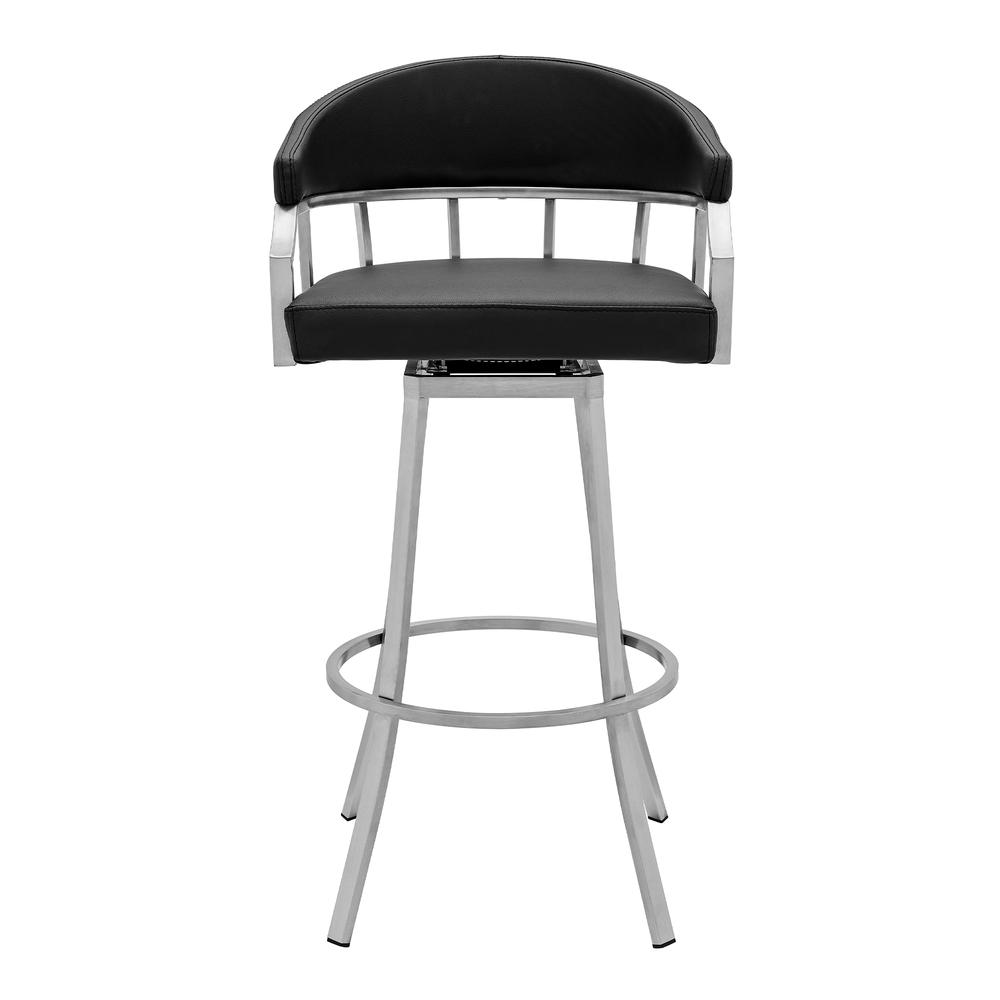 Valerie 30" Bar Height Swivel Modern Black Faux Leather Bar and Counter Stool in Brushed Stainless Steel Finish. Picture 2
