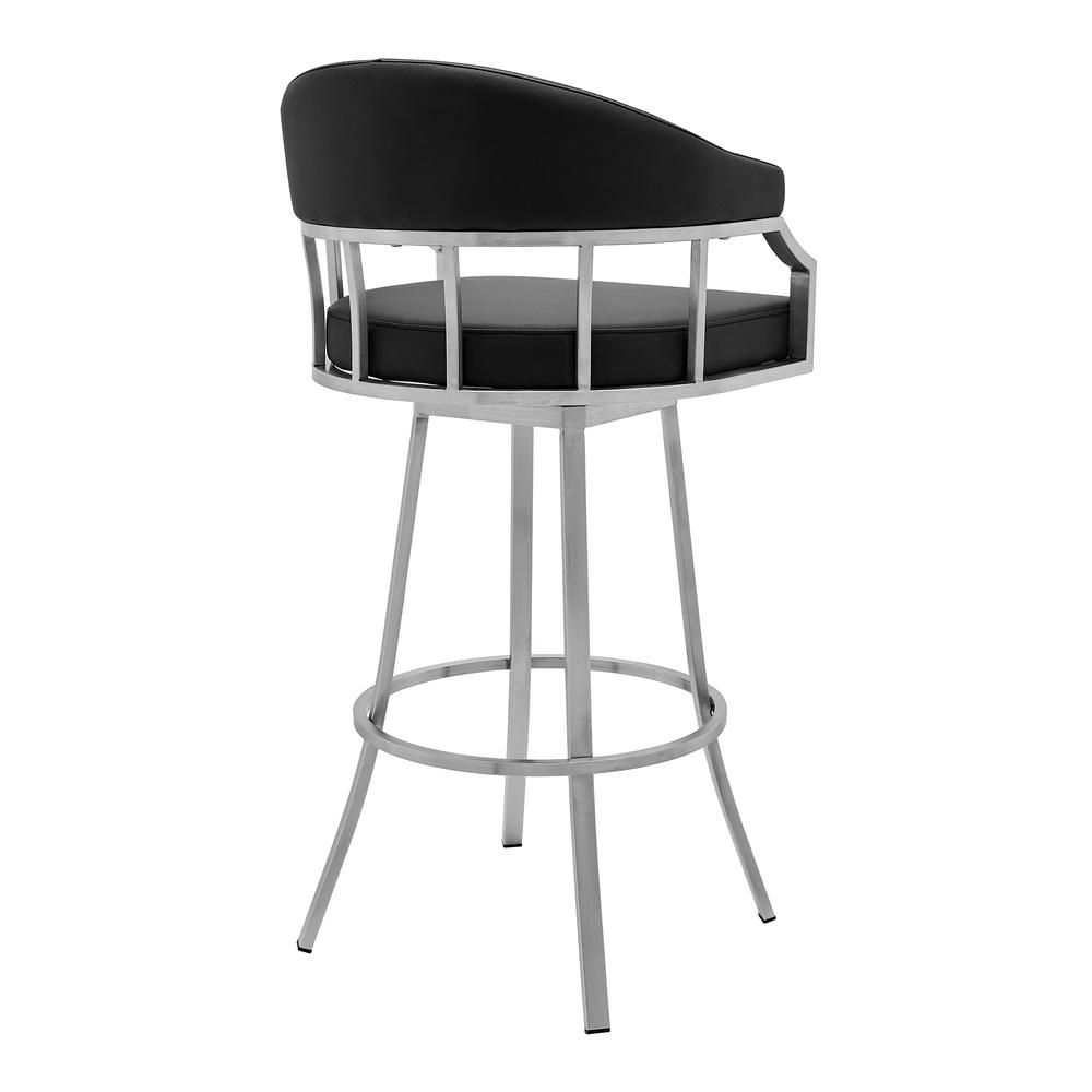Valerie 30" Bar Height Swivel Modern Black Faux Leather Bar and Counter Stool in Brushed Stainless Steel Finish. Picture 3