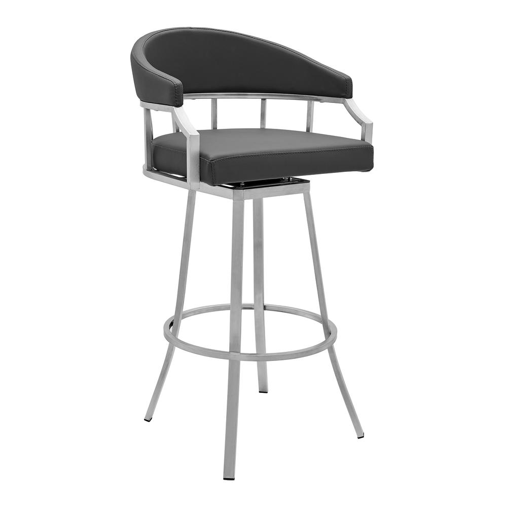 Valerie 26" Counter Height Swivel Modern Faux Leather Bar and Counter Stool in Brushed Stainless Steel Finish. Picture 1