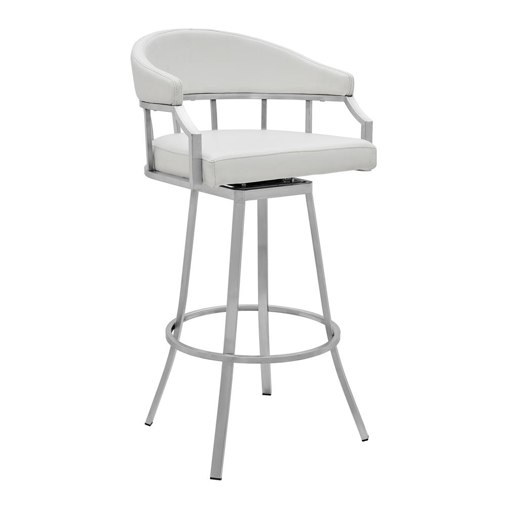 Valerie 30" Bar Height Swivel Modern White Faux Leather Bar and Counter Stool in Brushed Stainless Steel Finish. Picture 1