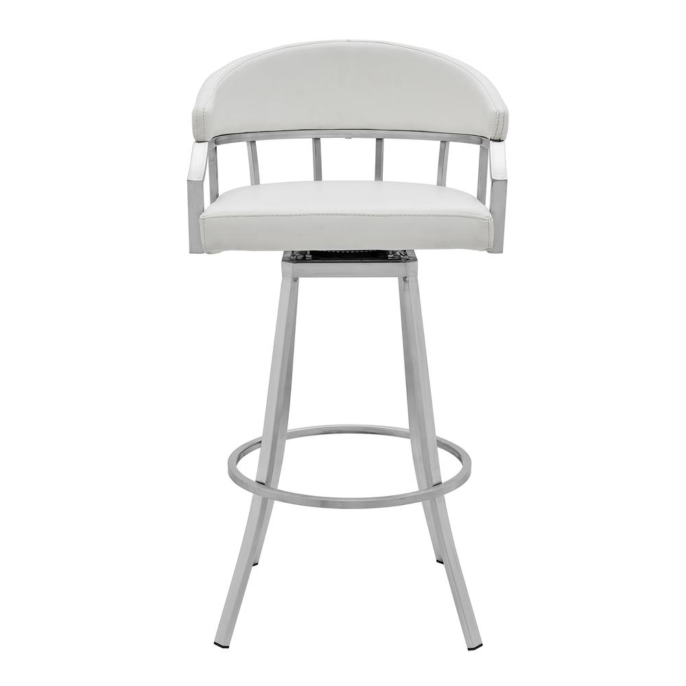 Valerie 30" Bar Height Swivel Modern White Faux Leather Bar and Counter Stool in Brushed Stainless Steel Finish. Picture 2