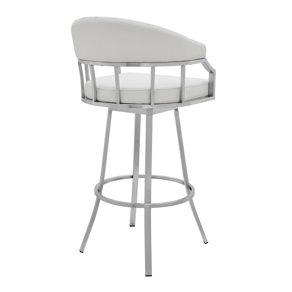 Valerie 30" Bar Height Swivel Modern White Faux Leather Bar and Counter Stool in Brushed Stainless Steel Finish. Picture 3