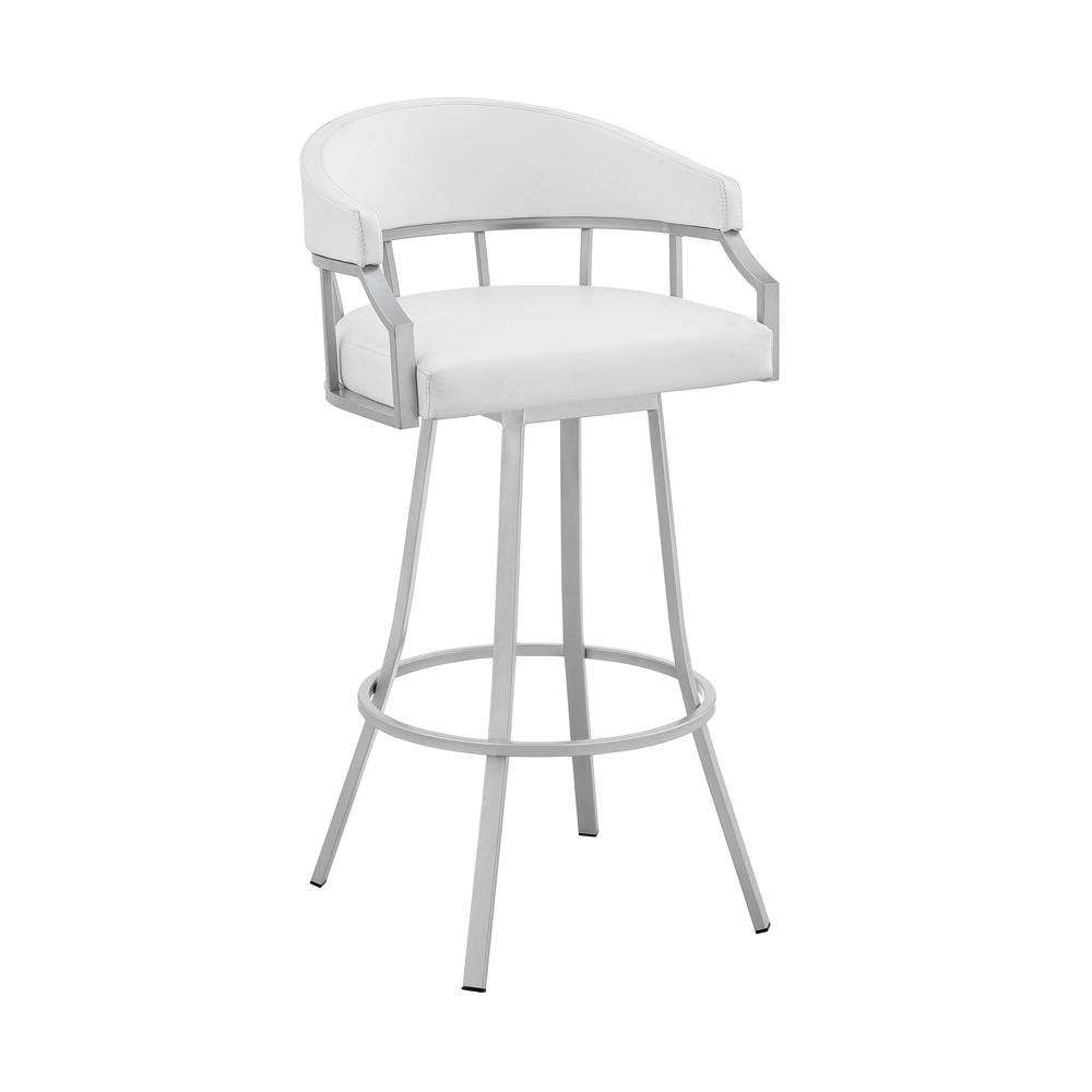 Swivel White Faux Leather and Silver Metal Bar Stool. Picture 1