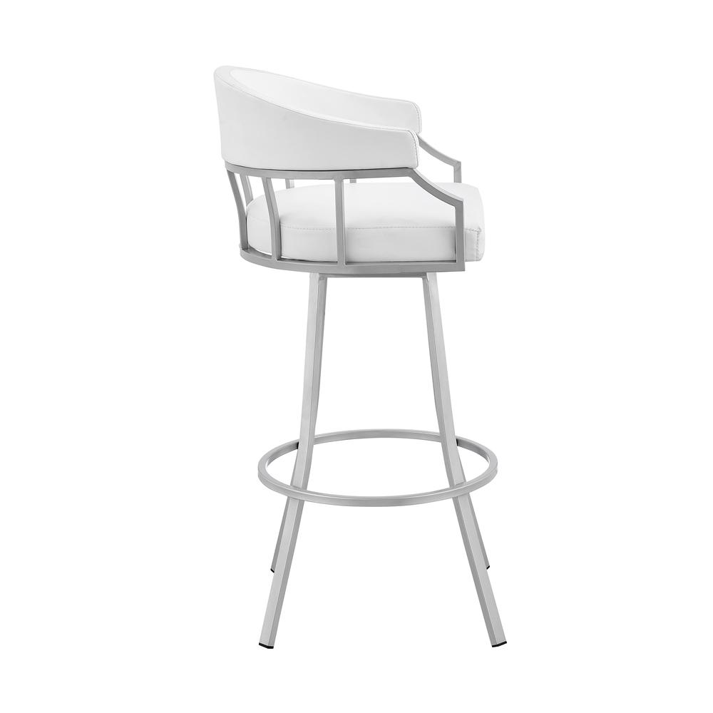 Swivel White Faux Leather and Silver Metal Bar Stool. Picture 3