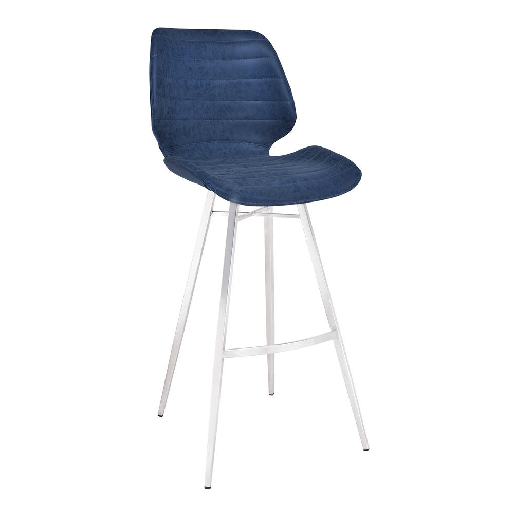Armen Living Valor 30" Bar Height Barstool in Brushed Stainless Steel with Dark Vintage Blue Faux Leather. The main picture.