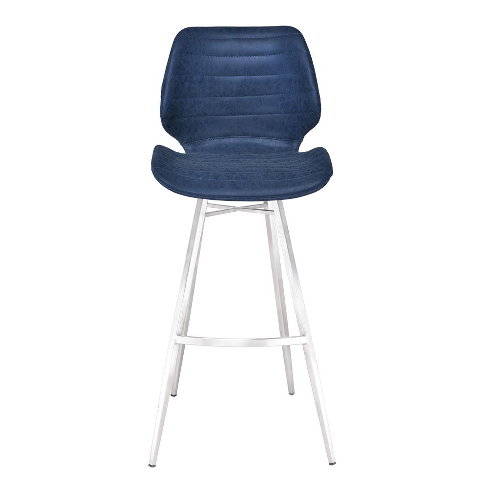 Armen Living Valor 30" Bar Height Barstool in Brushed Stainless Steel with Dark Vintage Blue Faux Leather. Picture 2
