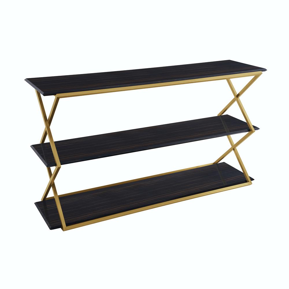 Westlake 3-Tier Dark Brown Console Table with Brushed Gold Legs. Picture 1