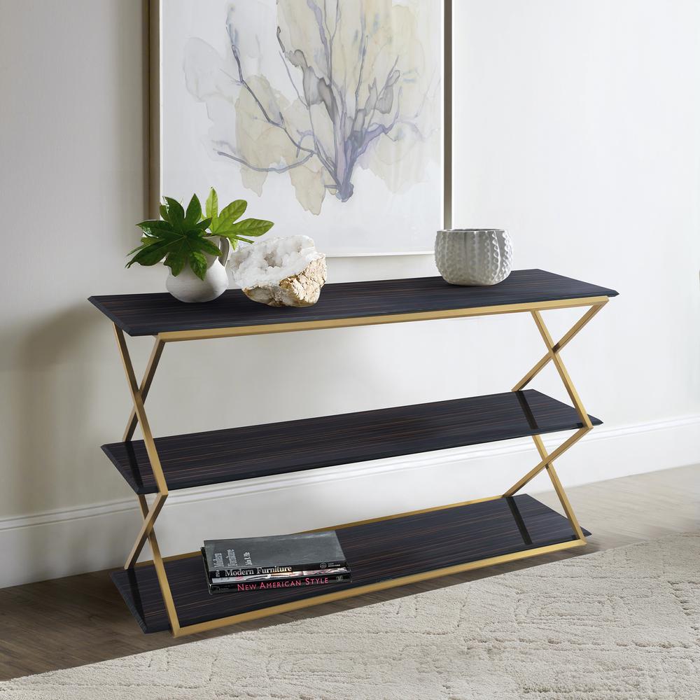 Westlake 3-Tier Dark Brown Console Table with Brushed Gold Legs. Picture 2