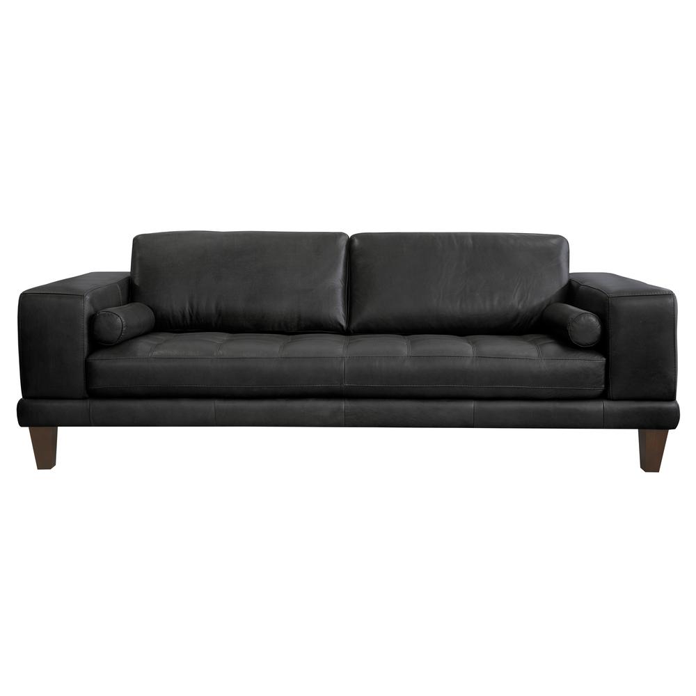 Armen Living Wynne Contemporary Sofa in Genuine Black Leather with Brown Wood Legs. Picture 1