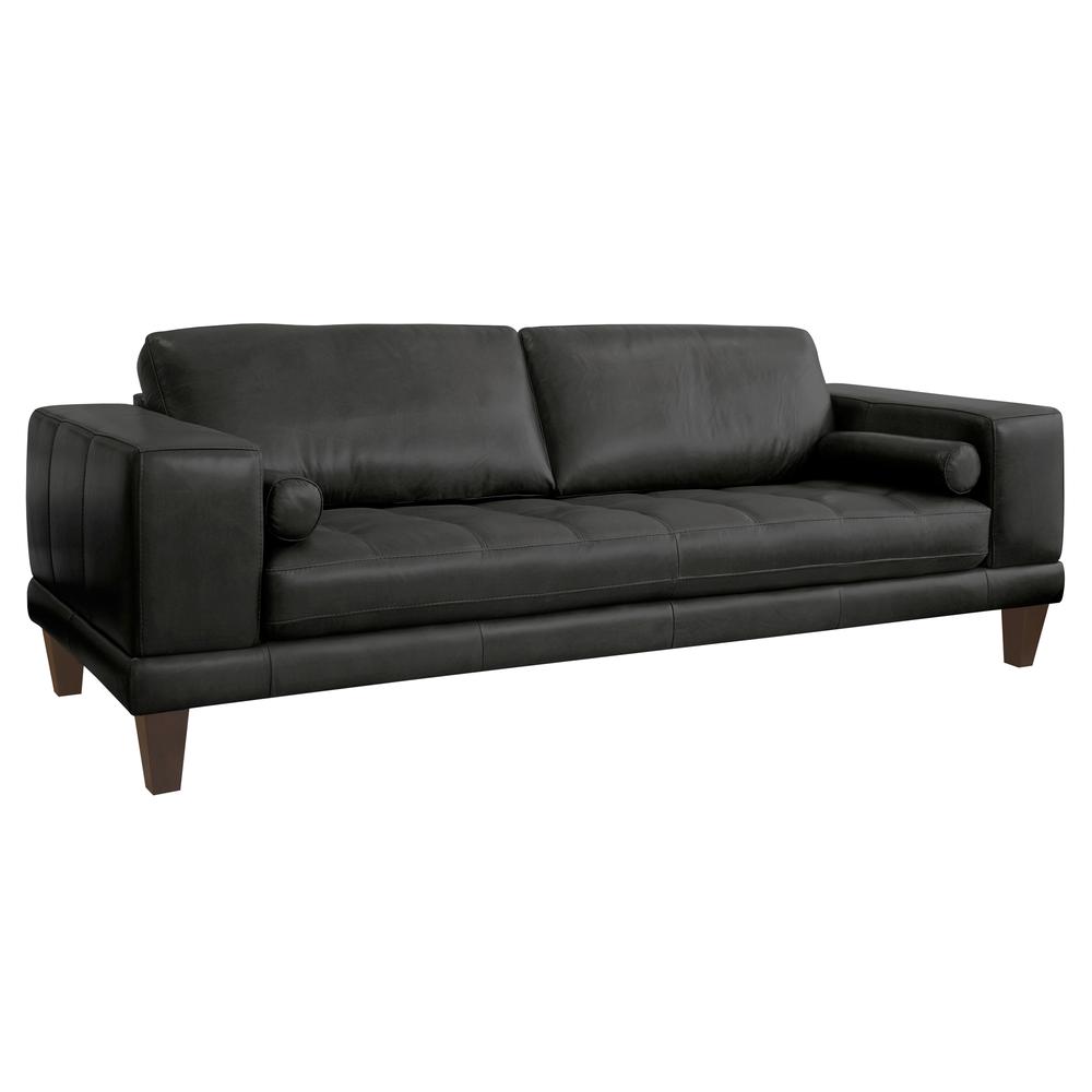 Armen Living Wynne Contemporary Sofa in Genuine Black Leather with Brown Wood Legs. Picture 2