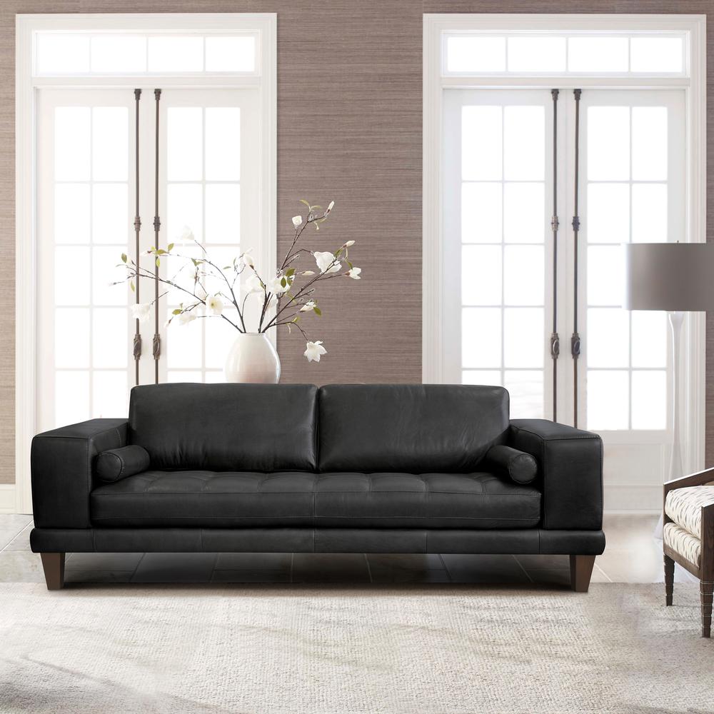 Contemporary Sofa in Genuine Black Leather - Brown Wood Legs. Picture 5