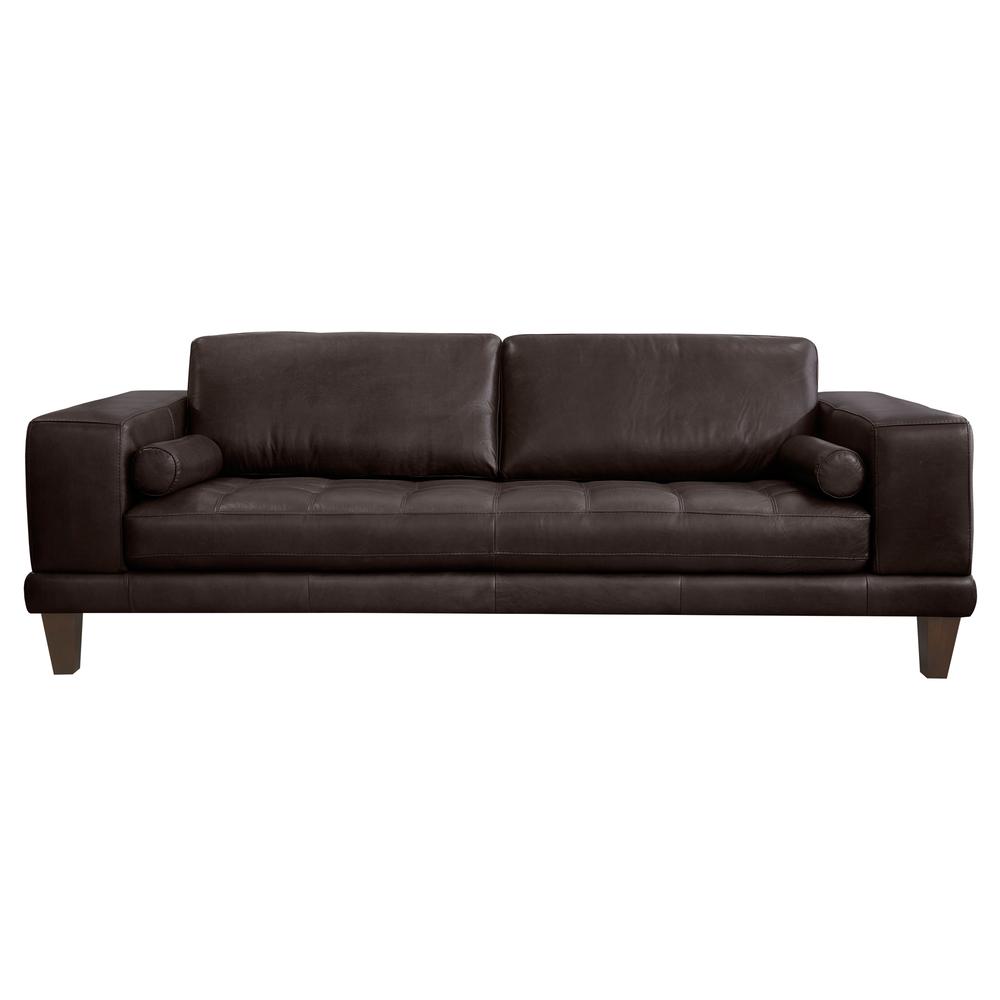 Armen Living Wynne Contemporary Sofa in Genuine Espresso Leather with Brown Wood Legs. The main picture.