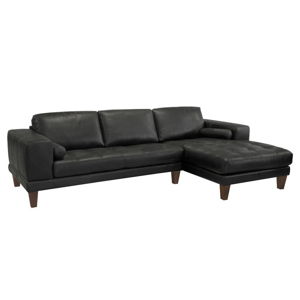 Armen Living Wynne Contemporary Sectional in Genuine Black Leather with Brown Wood Legs. Picture 1