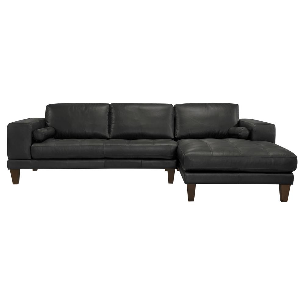 Armen Living Wynne Contemporary Sectional in Genuine Black Leather with Brown Wood Legs. Picture 2