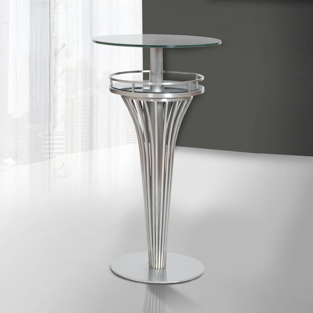 Armen Living Yukon Contemporary Bar Table In Stainless Steel and Gray Frosted Glass. Picture 2