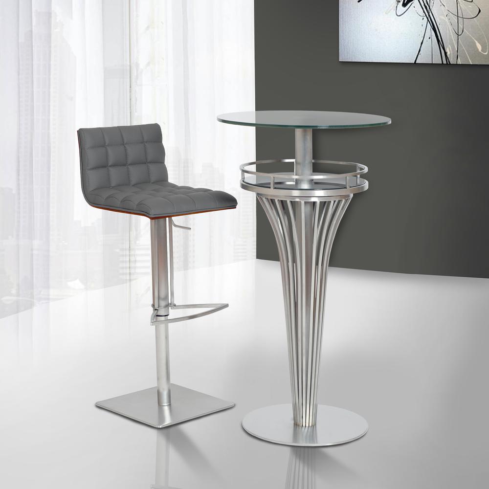 Armen Living Yukon Contemporary Bar Table In Stainless Steel and Gray Frosted Glass. Picture 3