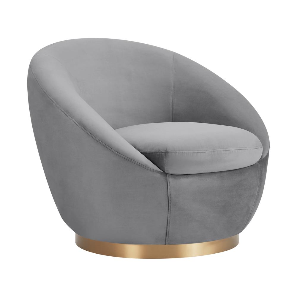 Yves Gray Velvet Swivel Accent Chair with Gold Base. Picture 1