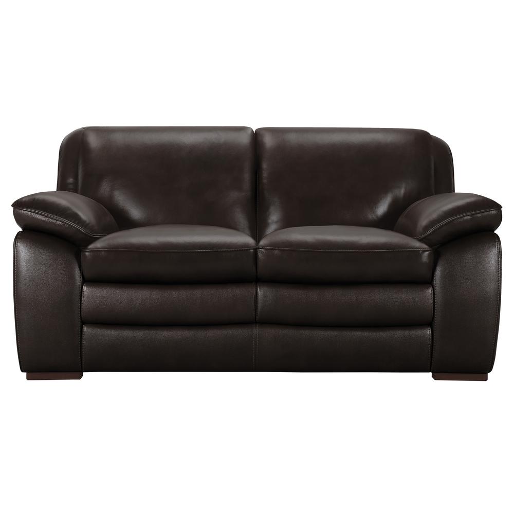 Contemporary Loveseat in Genuine Dark Brown Leather with Brown Wood Legs. The main picture.
