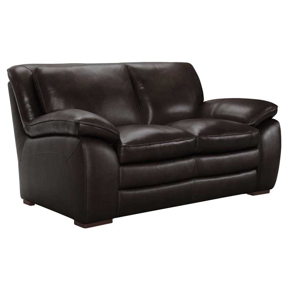 Contemporary Loveseat in Genuine Dark Brown Leather with Brown Wood Legs. Picture 2