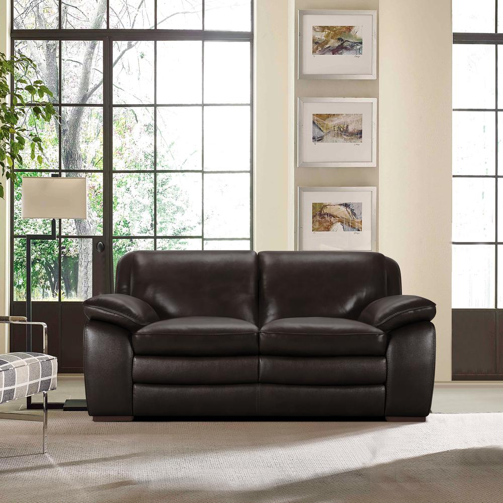 Contemporary Loveseat in Genuine Dark Brown Leather with Brown Wood Legs. Picture 5