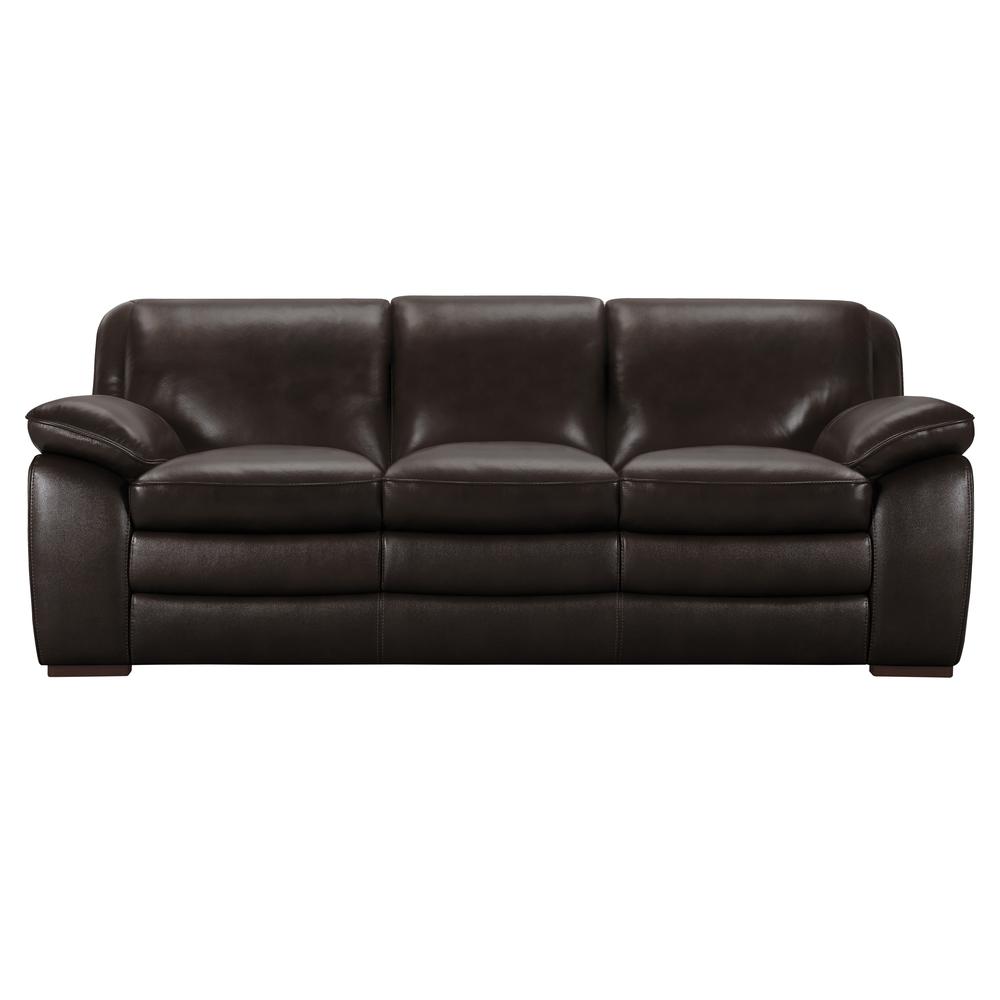 Contemporary Sofa in Genuine Dark Brown Leather with Brown Wood Legs. The main picture.