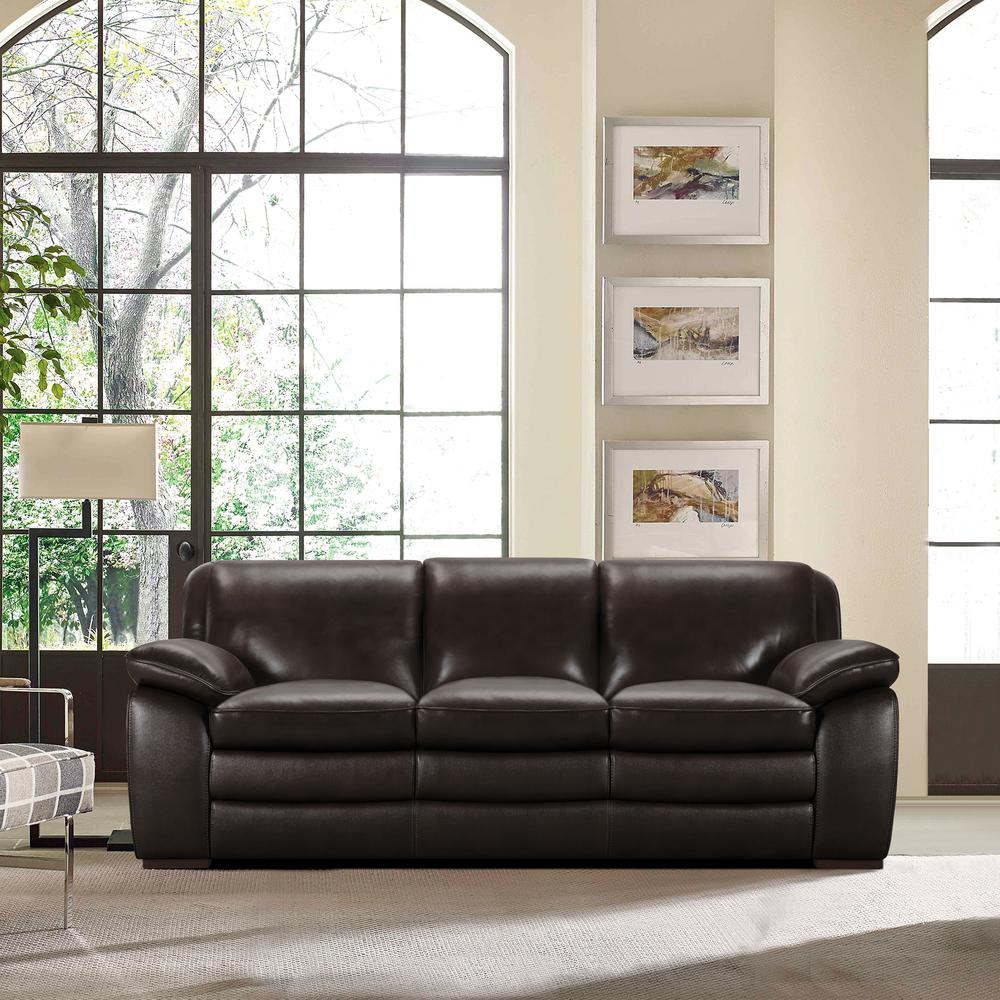 Contemporary Sofa in Genuine Dark Brown Leather with Brown Wood Legs. Picture 5