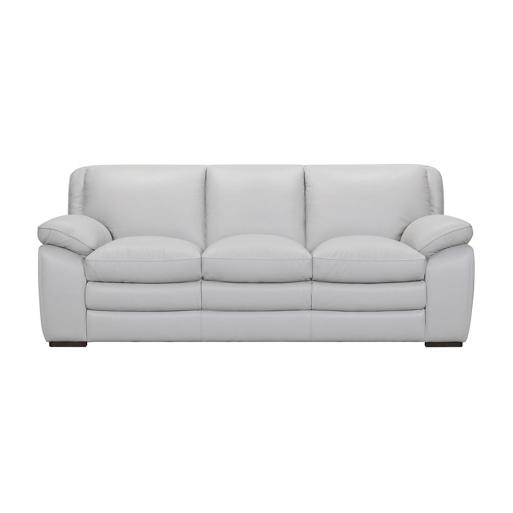 Zanna Contemporary Sofa in Genuine Dove Grey Leather with Brown Wood Legs. Picture 1