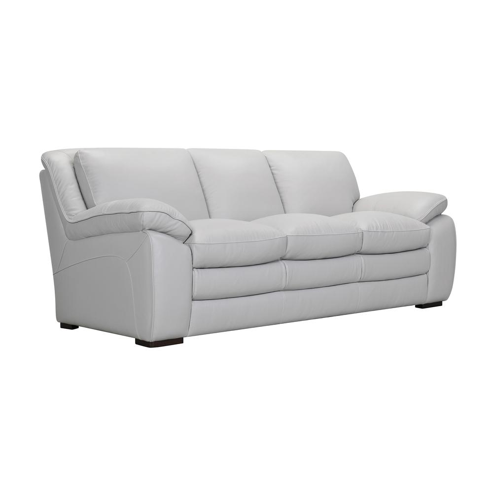 Zanna Contemporary Sofa in Genuine Dove Grey Leather with Brown Wood Legs. Picture 2