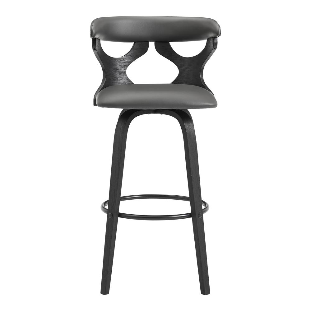 Zenia 26" Swivel Counter Stool in Gray Faux Leather and Black Wood. Picture 2