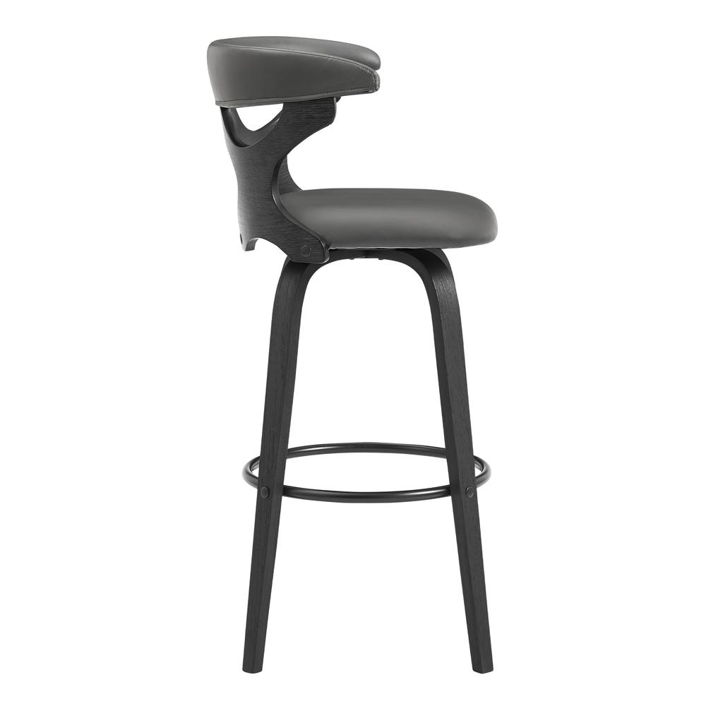Zenia 26" Swivel Counter Stool in Gray Faux Leather and Black Wood. Picture 3