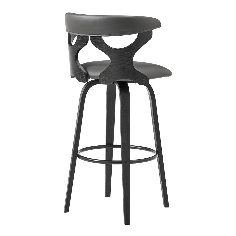 Zenia 26" Swivel Counter Stool in Gray Faux Leather and Black Wood. Picture 4