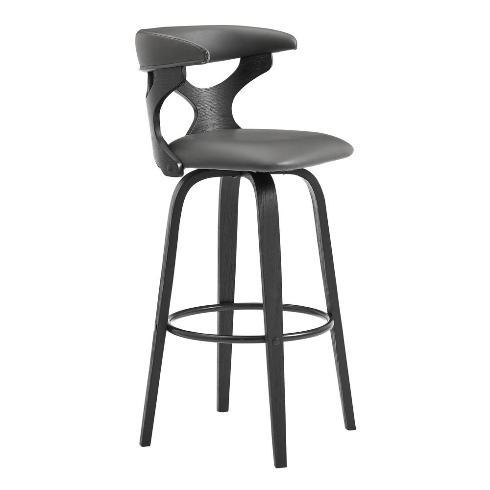 Zenia 30" Swivel Bar Stool in Gray Faux Leather and Black Wood. Picture 1