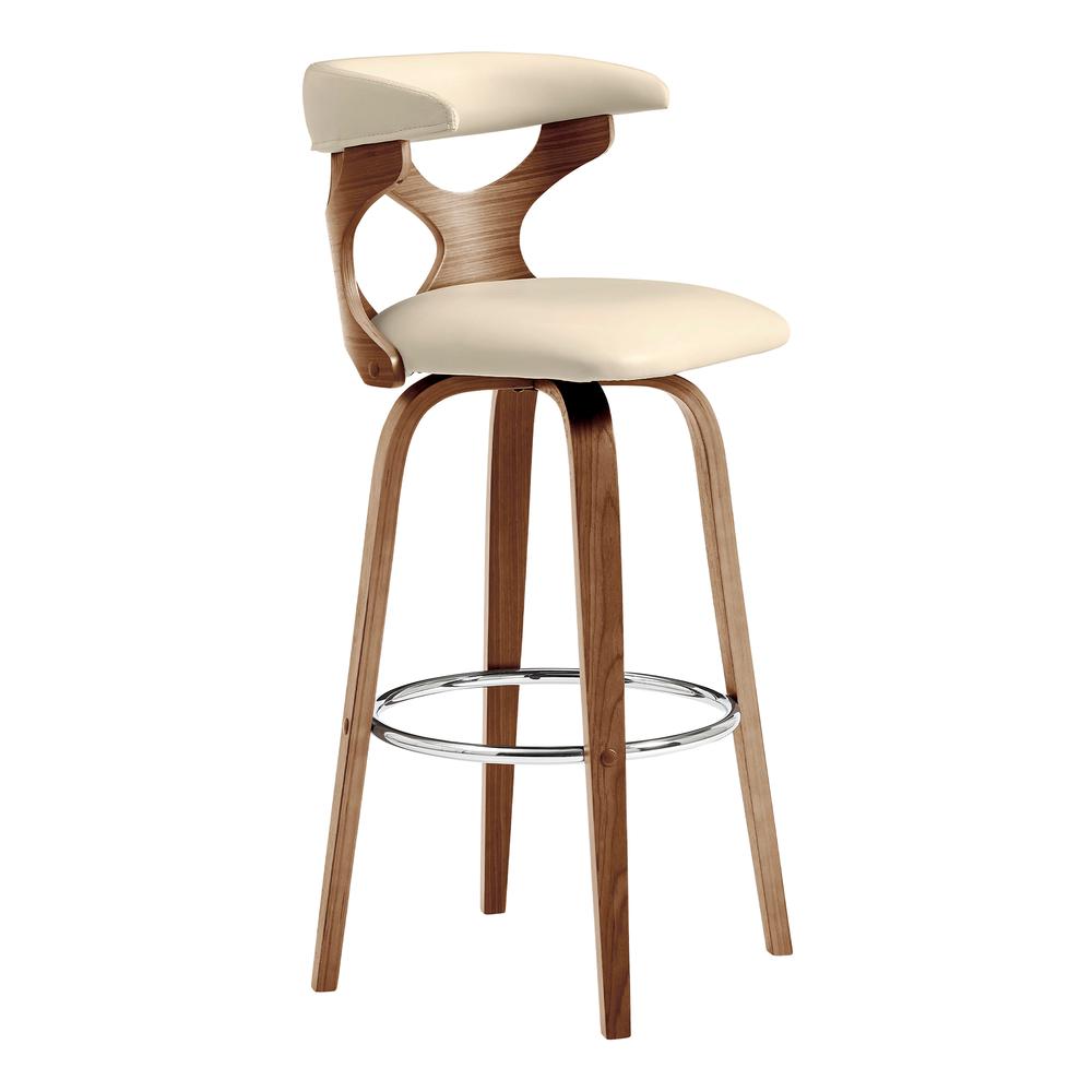 Zenia 26" Swivel Counter Stool in Cream Faux Leather and Walnut Wood. Picture 1
