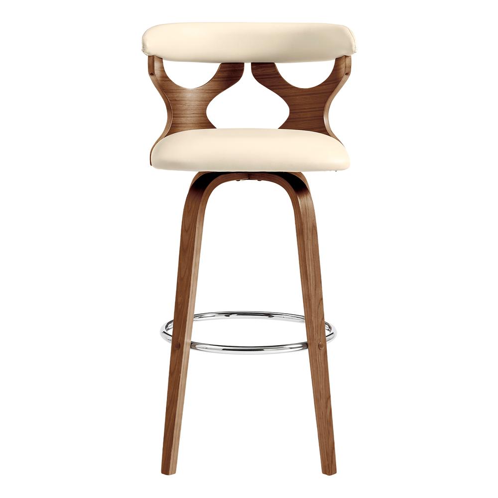 Zenia 26" Swivel Counter Stool in Cream Faux Leather and Walnut Wood. Picture 2