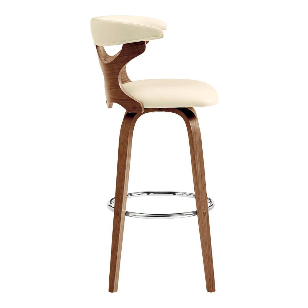 Zenia 26" Swivel Counter Stool in Cream Faux Leather and Walnut Wood. Picture 3