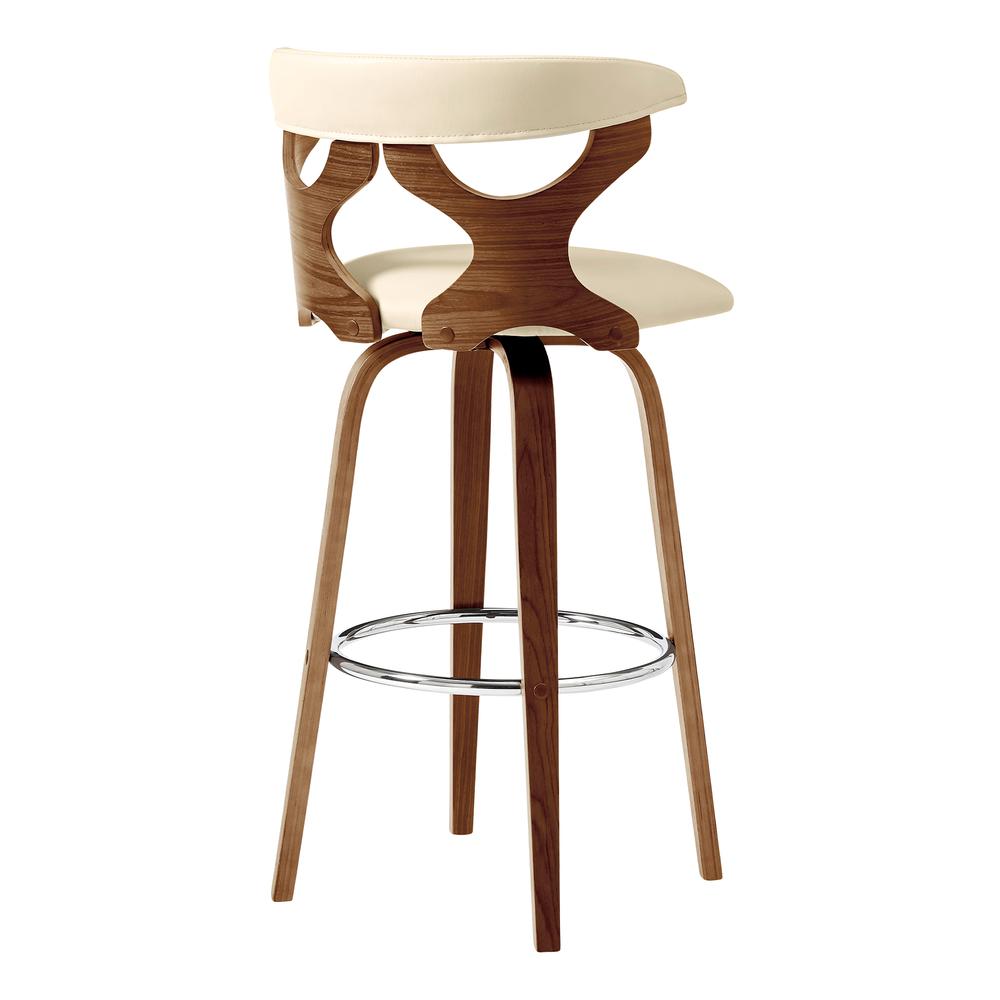 Zenia 26" Swivel Counter Stool in Cream Faux Leather and Walnut Wood. Picture 4