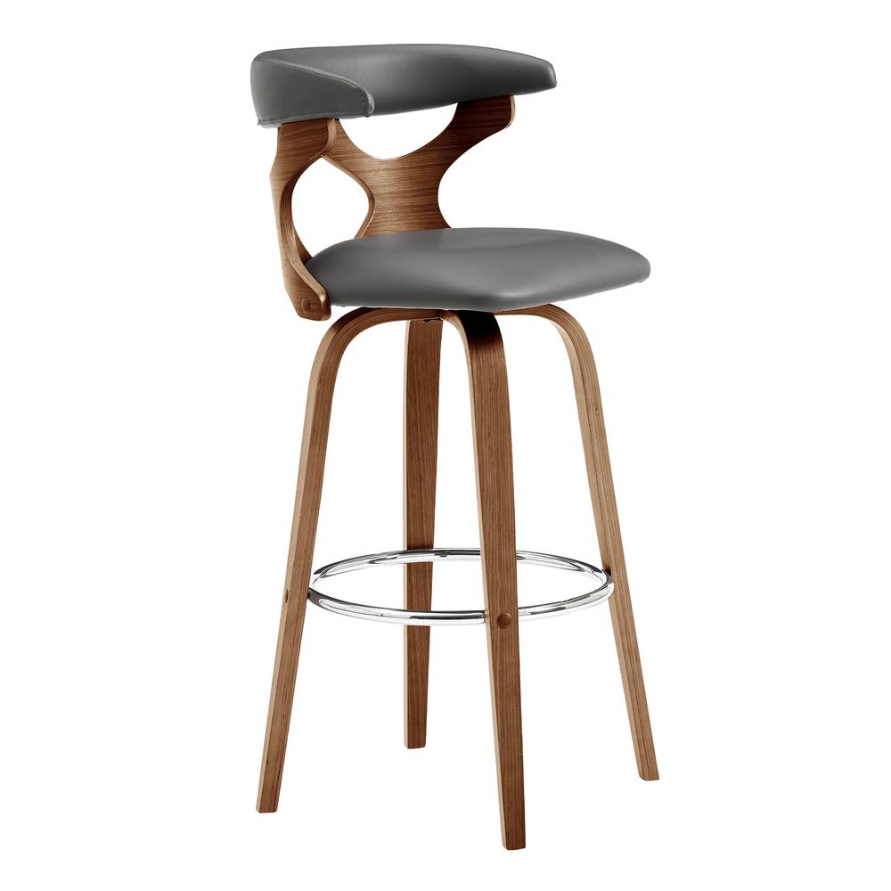Zenia 26" Swivel Counter Stool in Gray Faux Leather and Walnut Wood. Picture 1