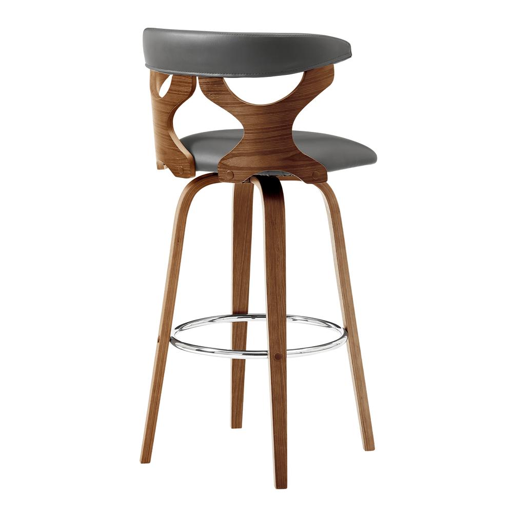 Zenia 26" Swivel Counter Stool in Gray Faux Leather and Walnut Wood. Picture 4