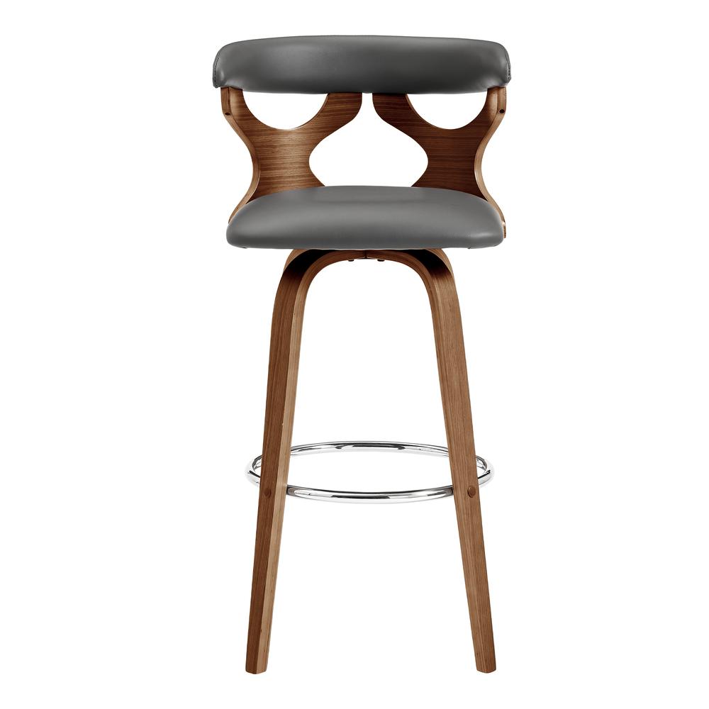 Zenia 30" Swivel Bar Stool in Gray Faux Leather and Walnut Wood. Picture 2