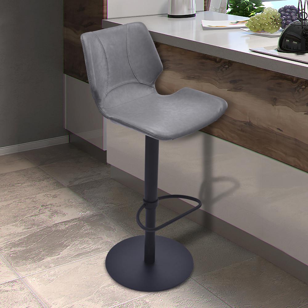 Adjustable Swivel Metal Barstool in Vintage Gray Faux Leather and Black Metal Finish. Picture 5