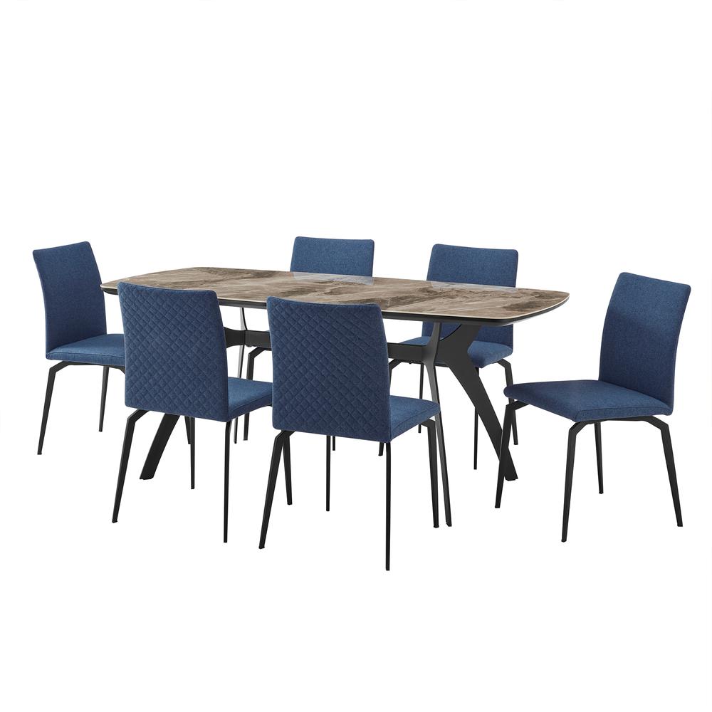 Andes and Lyon Blue Fabric 7 Piece Rectangular Dining Set. Picture 1