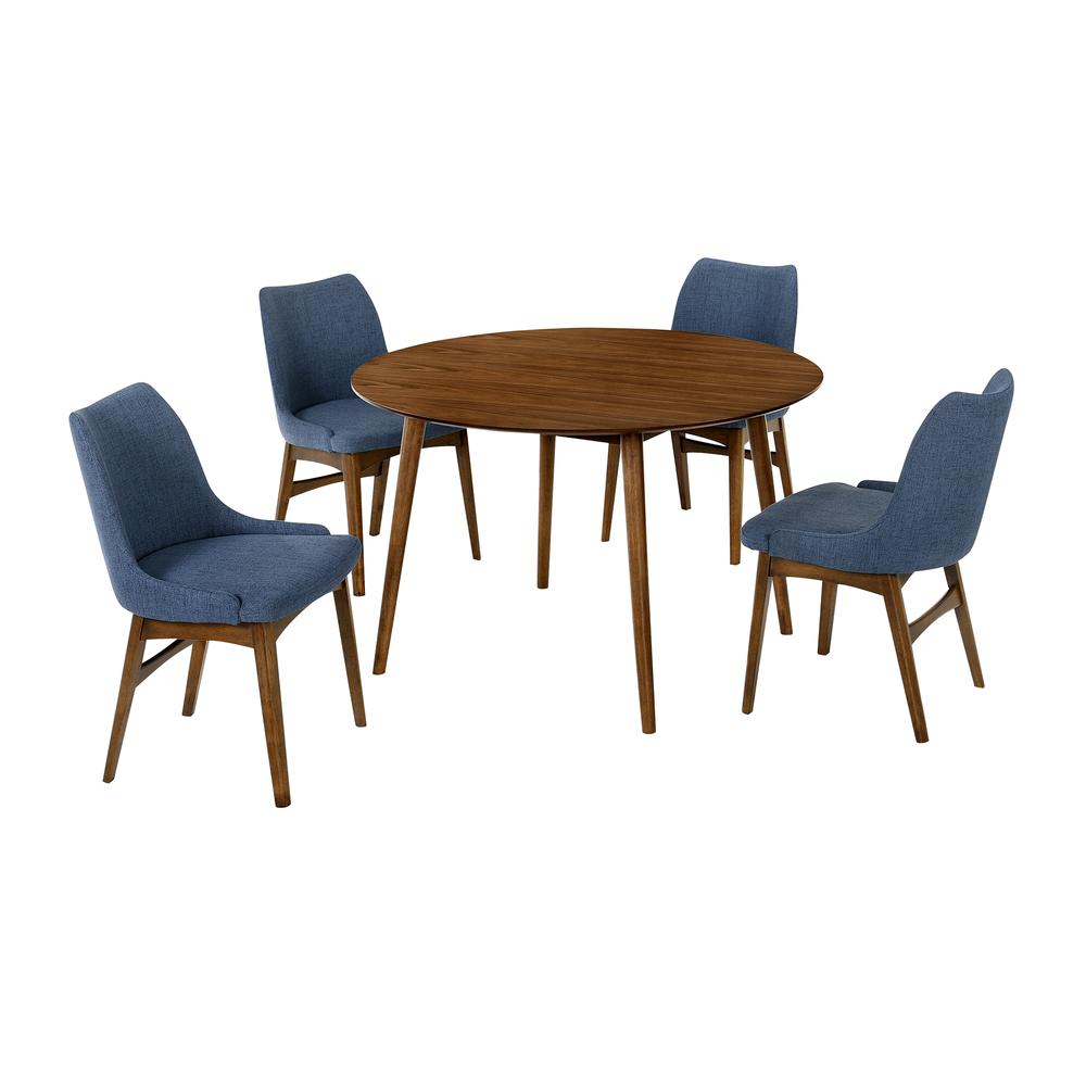 Arcadia and Azalea 48" Round Blue and Walnut Wood 5 Piece Dining Set. Picture 1