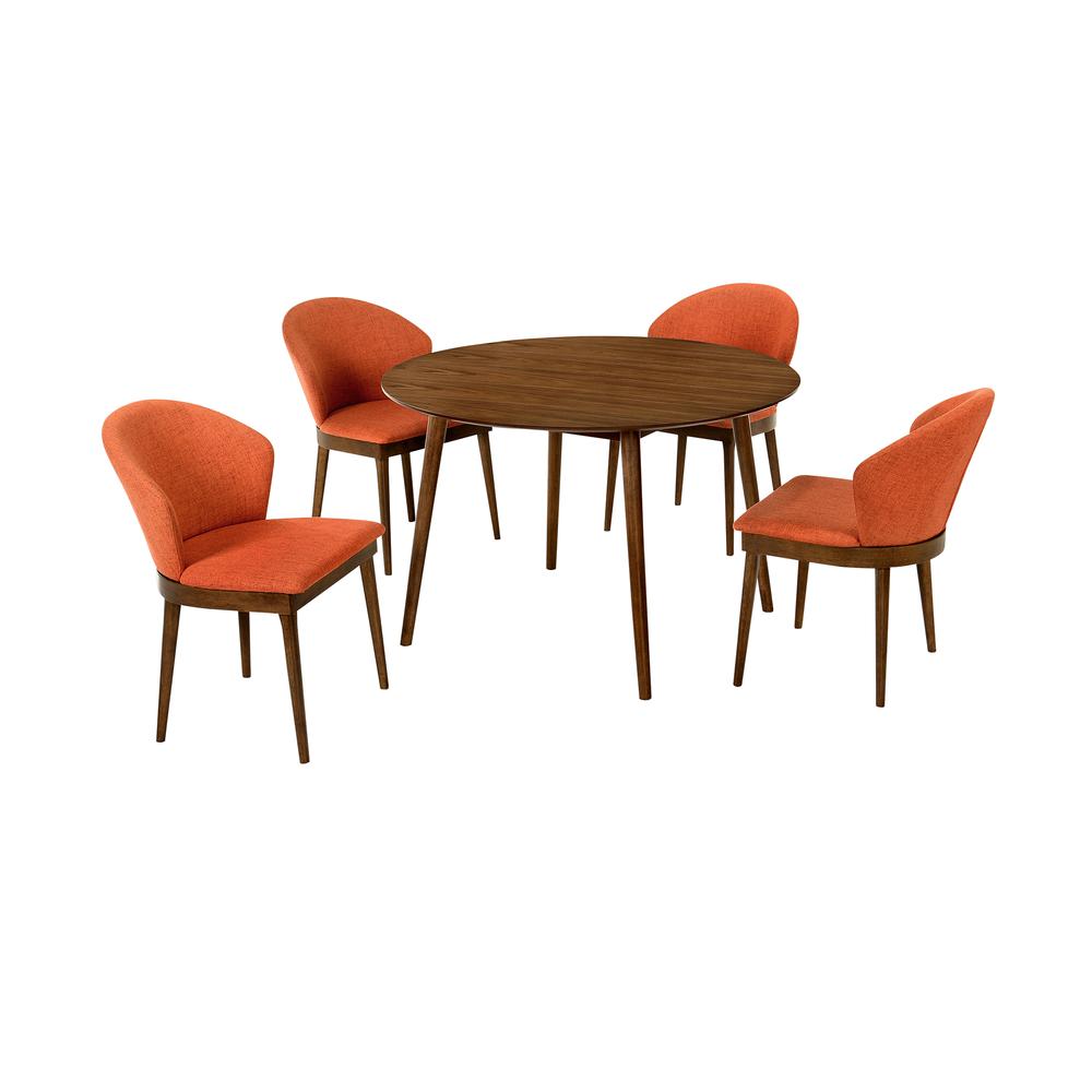 Arcadia and Juno 48" Round Orange and Walnut Wood 5 Piece Dining Set. Picture 1